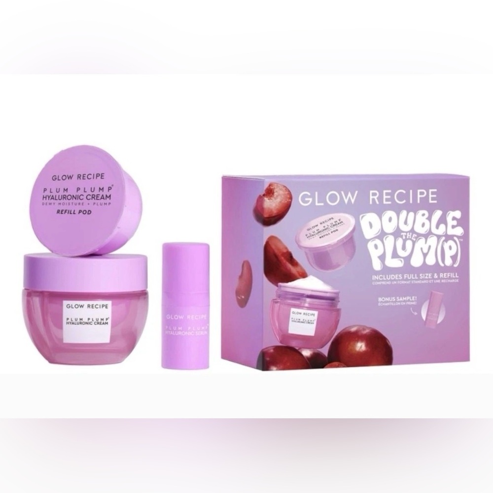 New In Box GLOW RECIPE Double The Plum(p) Kit~Plum Plump Refillable 3Pc Gift Set